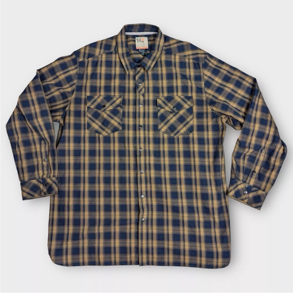 5.11 Tactical Shirt Mens 2XL XXL Blue Snap Front Button Shirt Check Pocket Logo